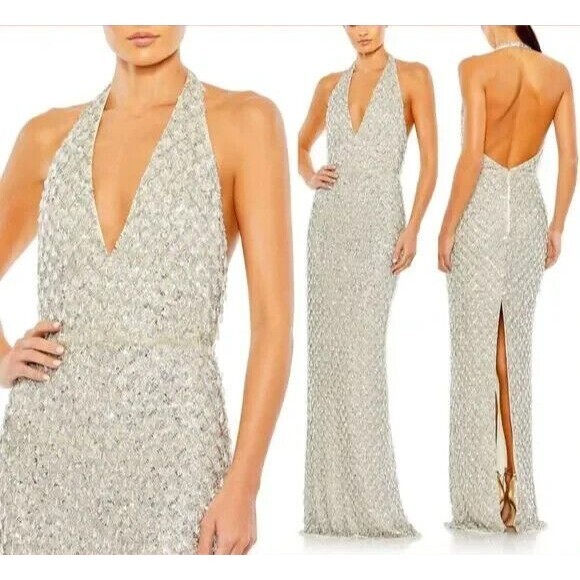 MAC DUGGAL SEQUIN CRYSTAL FRINGED HALTER STRAP GOWN NUDE SILVER SZ‎ 0 5678 RARE - Picture 1 of 10